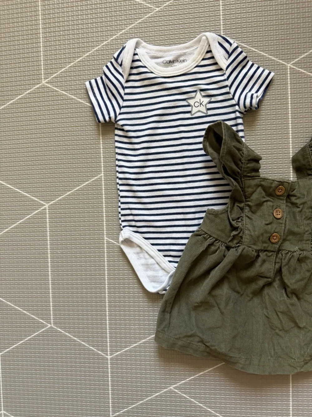 Carters|Baby girl boho set,white Striped Onesie & Olive corduroy pinafore dress•